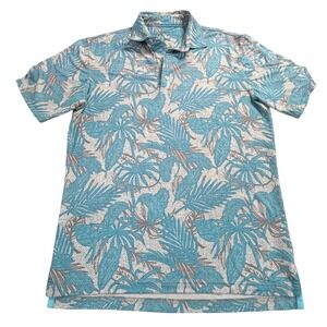 Johnnie-O Mens Small Blue Tropical Palm Leaf Performance Golf Polo Shirt Patch*